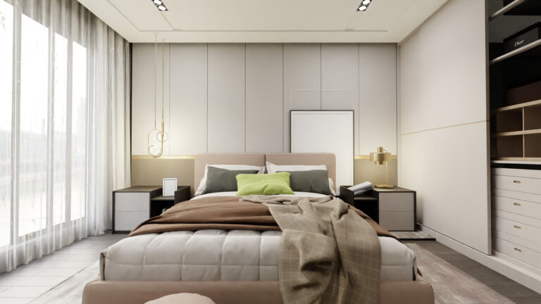 dormitorio en colores neutros con gran armario